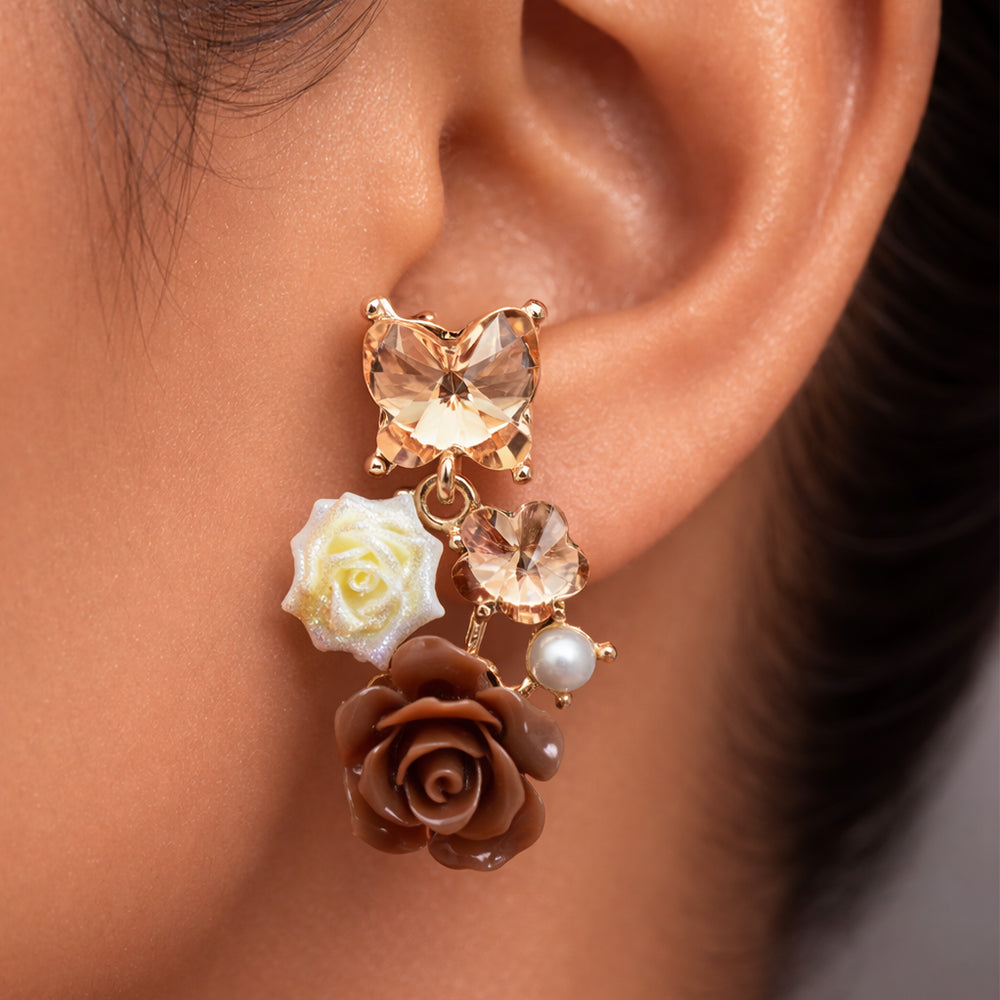 Enamel Floral Earrings Butterfly Crystal Drop | Rose & Pearl Collection