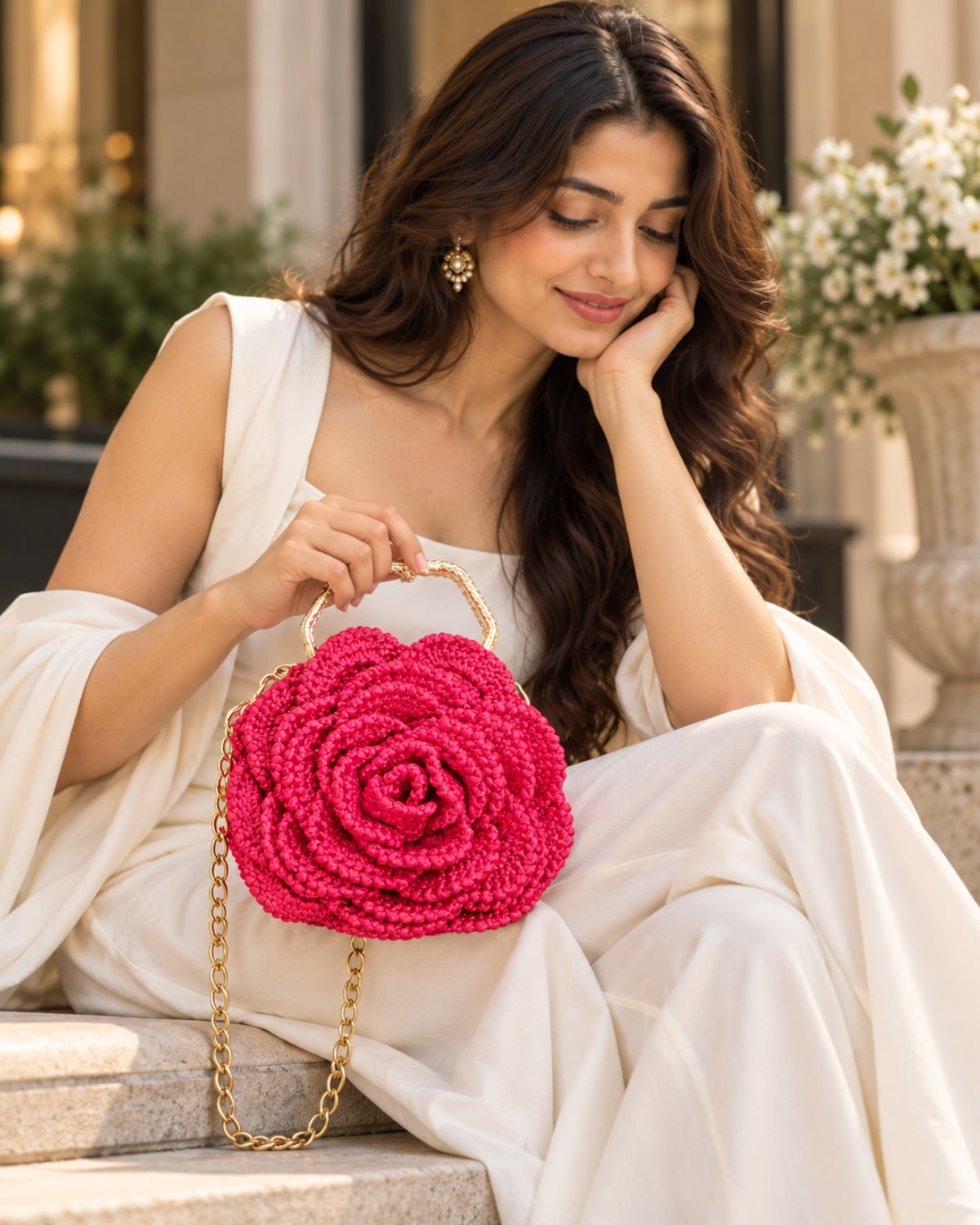 3D Rose Petal Crochet Handbag – Deep Pink