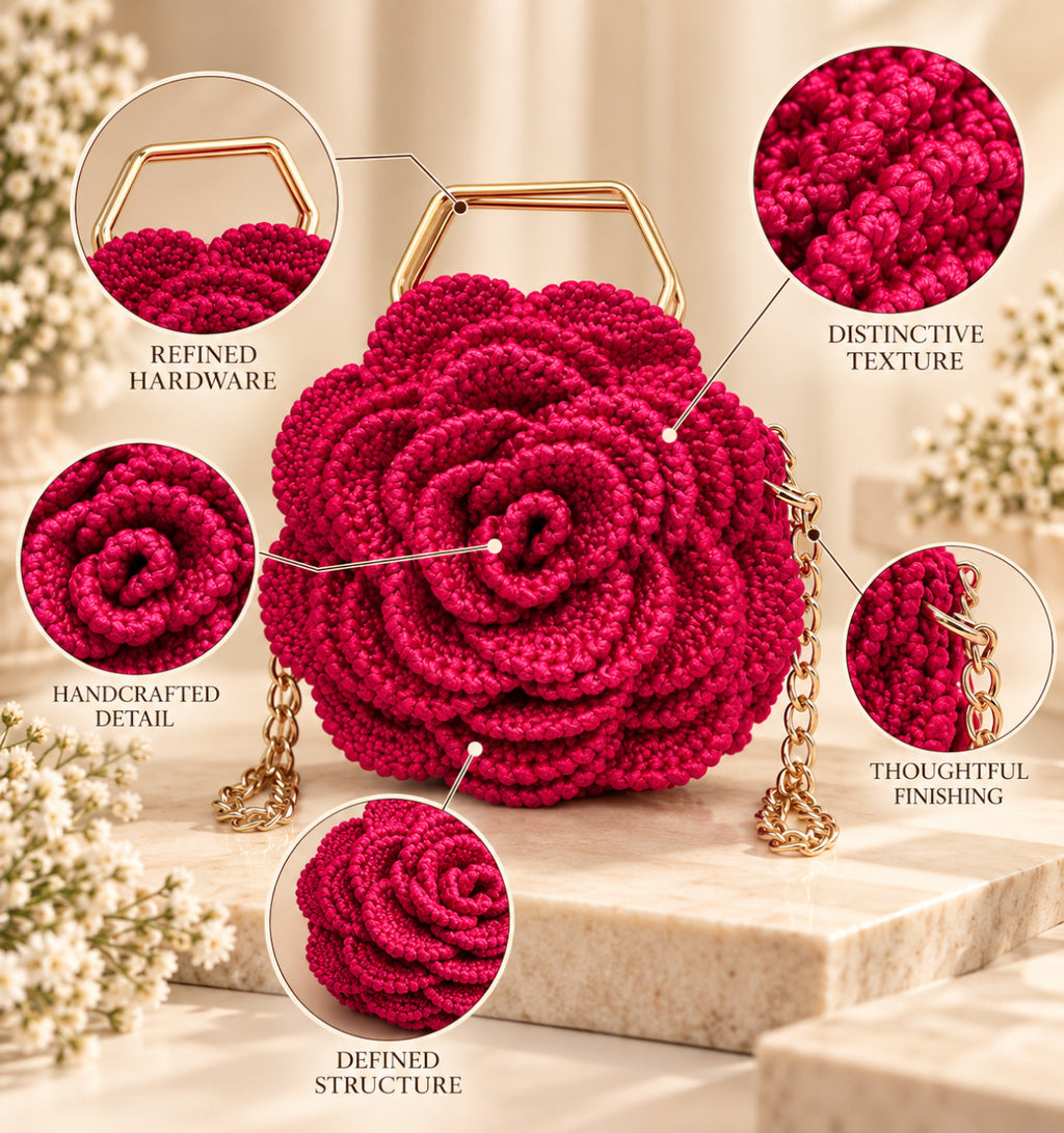 3D Rose Petal Crochet Handbag – Deep Pink