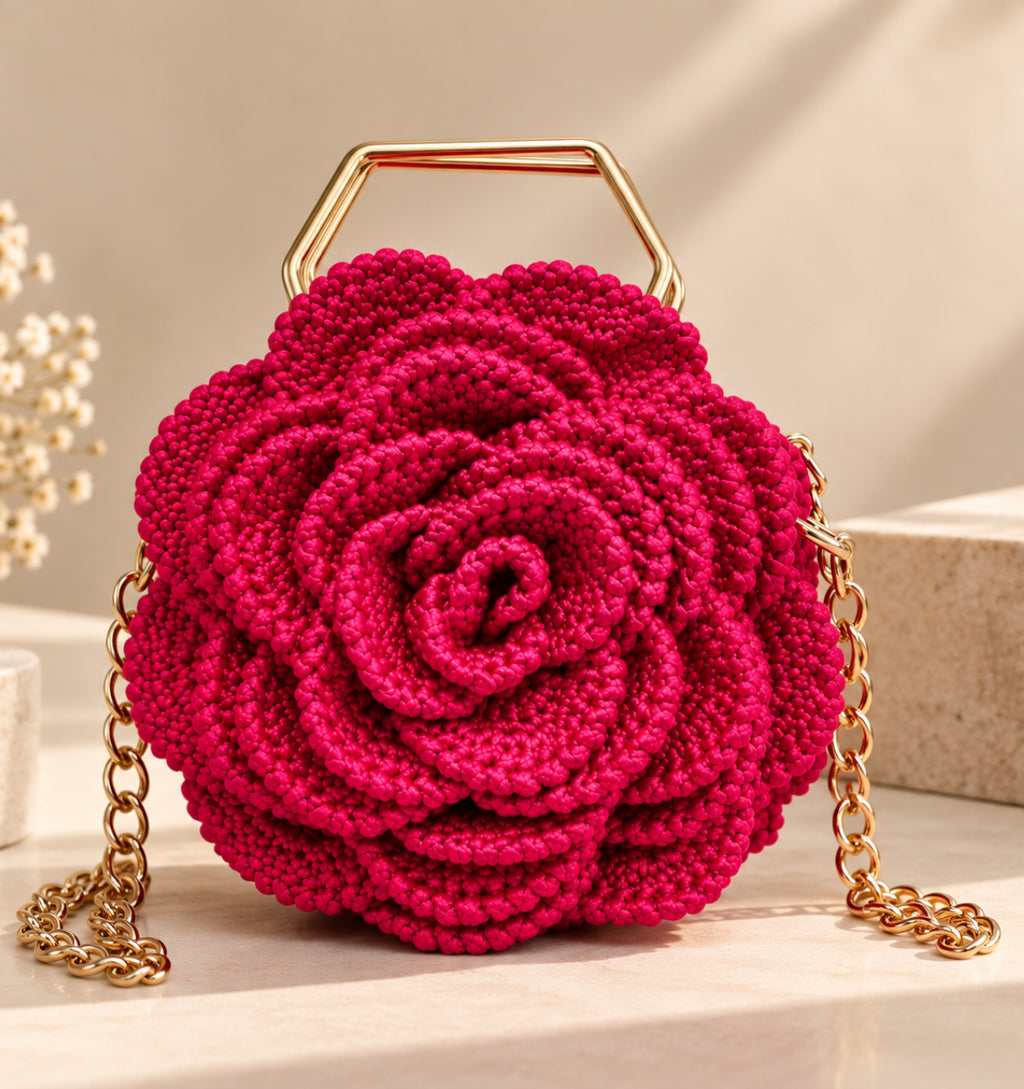 3D Rose Petal Crochet Handbag – Deep Pink
