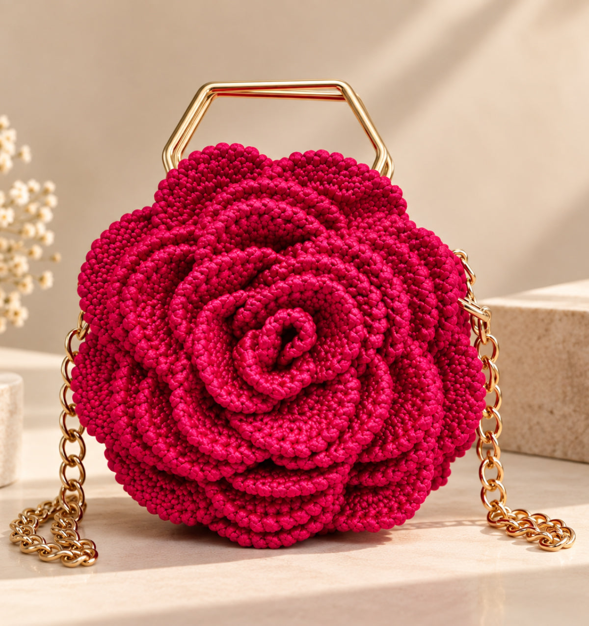 3D Rose Petal Crochet Handbag – Deep Pink