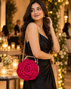 3D Rose Petal Crochet Handbag – Deep Pink