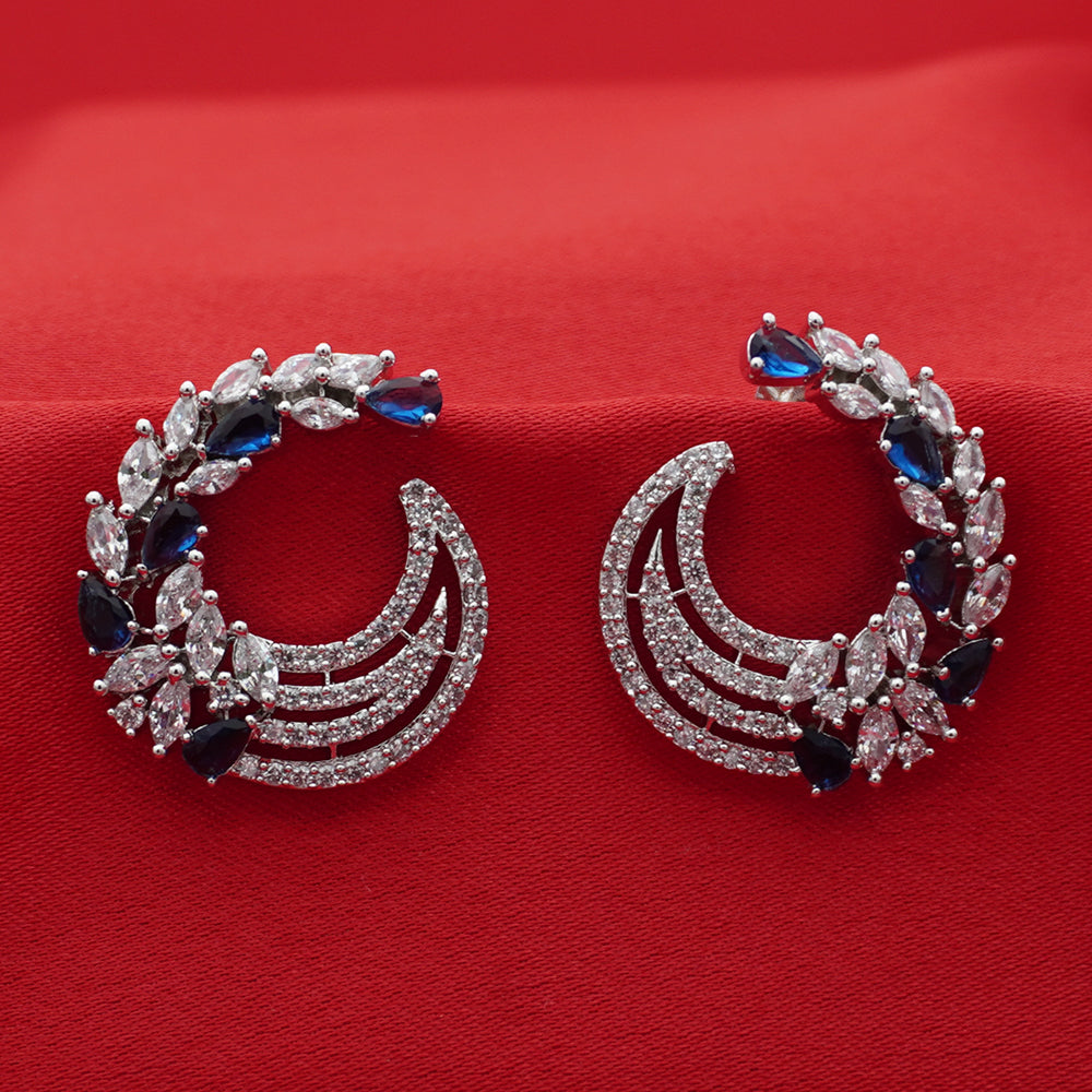 Rose Gold Crescent Hoop Earrings - Blue Crystal