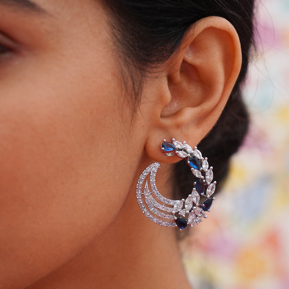 Rose Gold Crescent Hoop Earrings - Blue Crystal