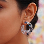 Rose Gold Crescent Hoop Earrings - Blue Crystal