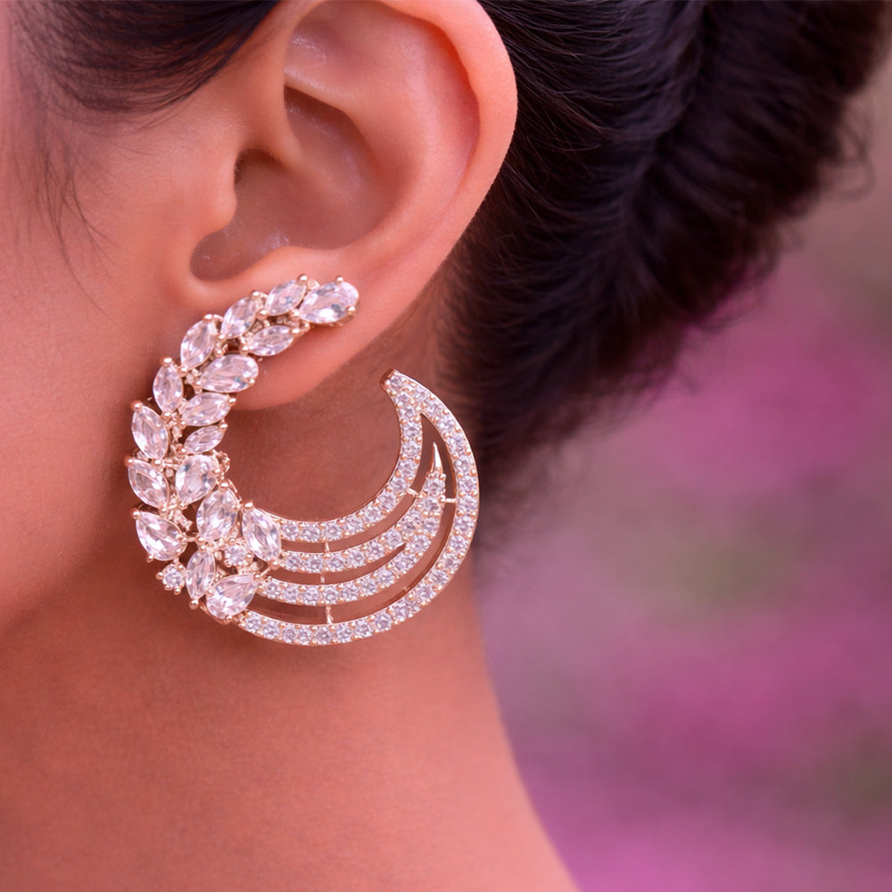 Rose Gold Crescent Hoop Earrings - Marquise Crystal