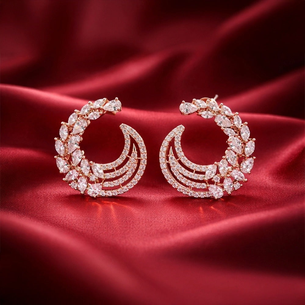 Rose Gold Crescent Hoop Earrings - Marquise Crystal
