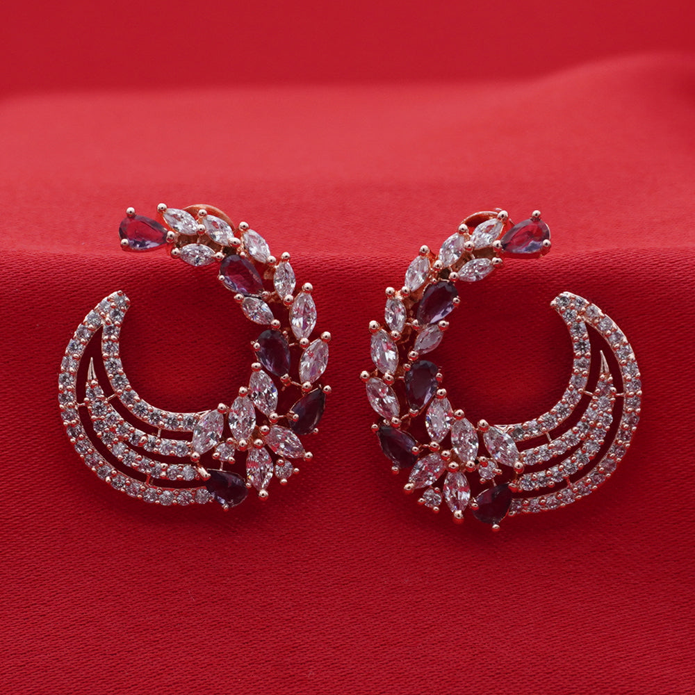 Rose Gold Crescent Hoop Earrings - Purple Crystal