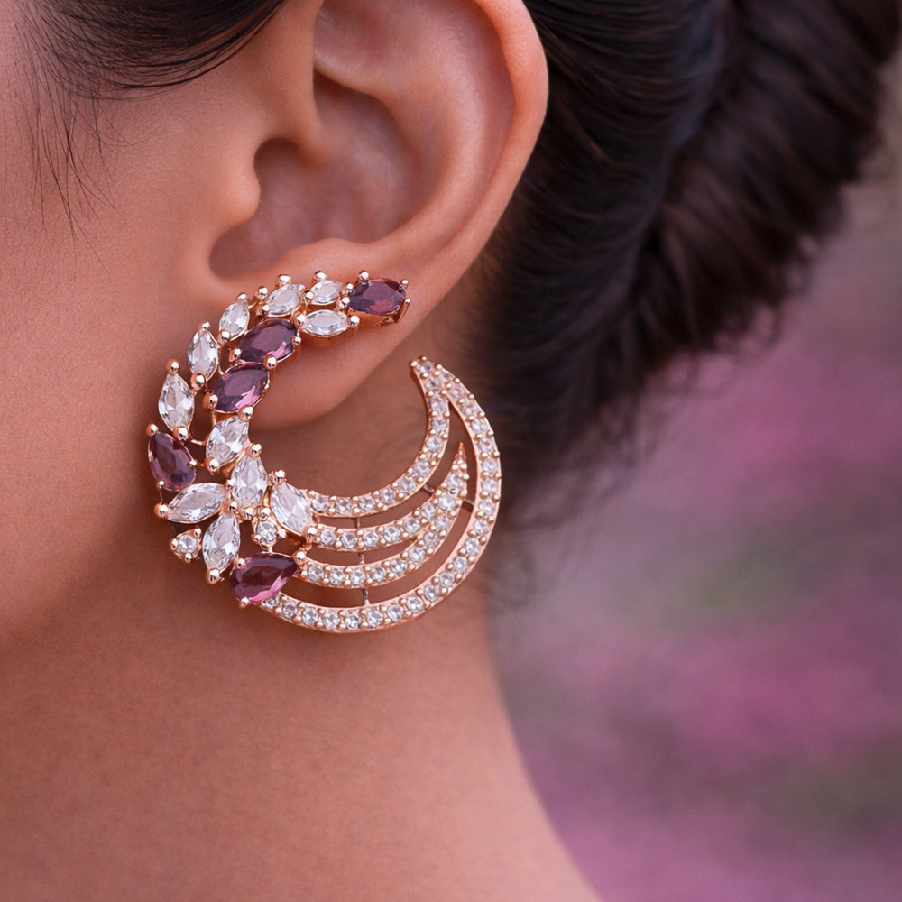 Rose Gold Crescent Hoop Earrings - Purple Crystal