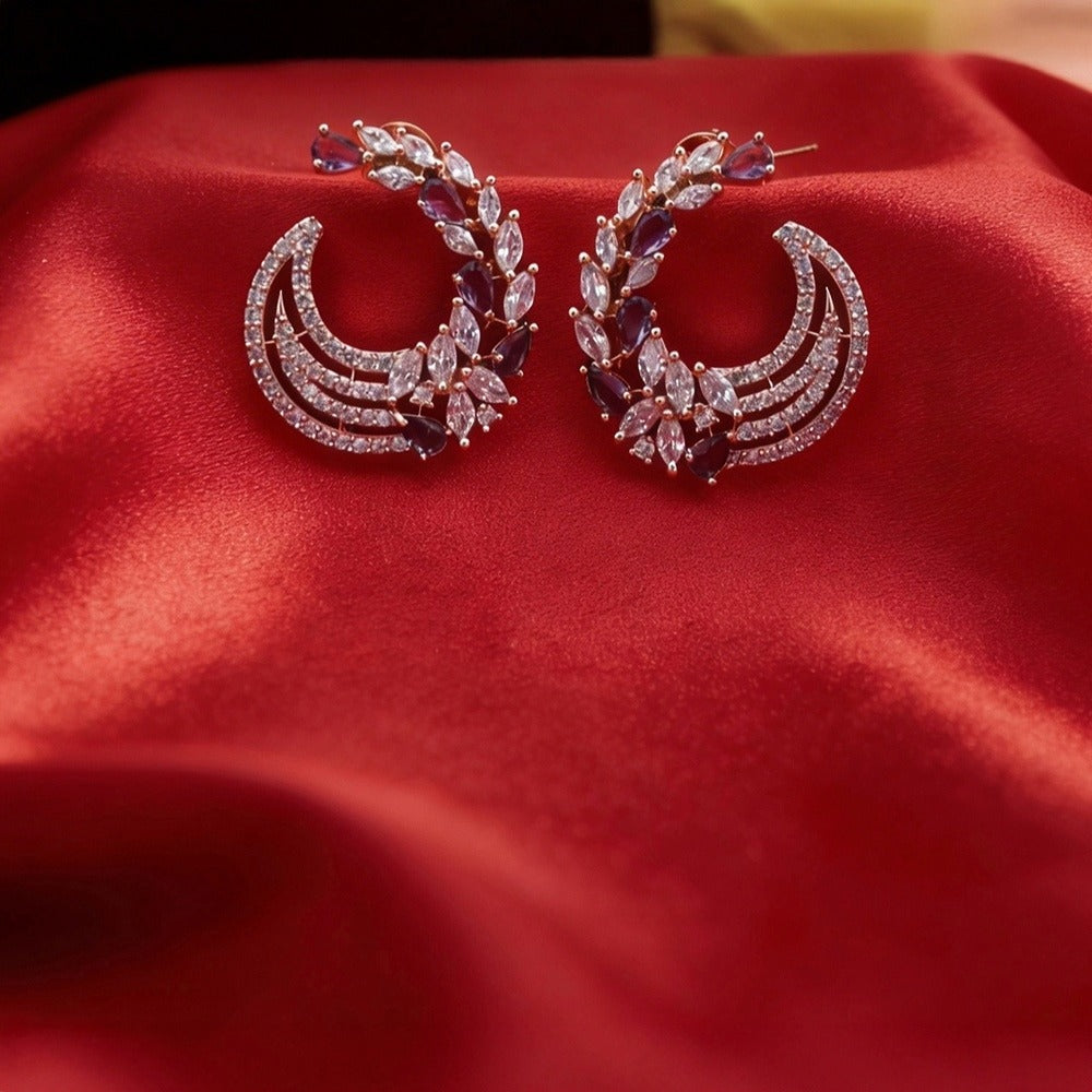 Rose Gold Crescent Hoop Earrings - Purple Crystal