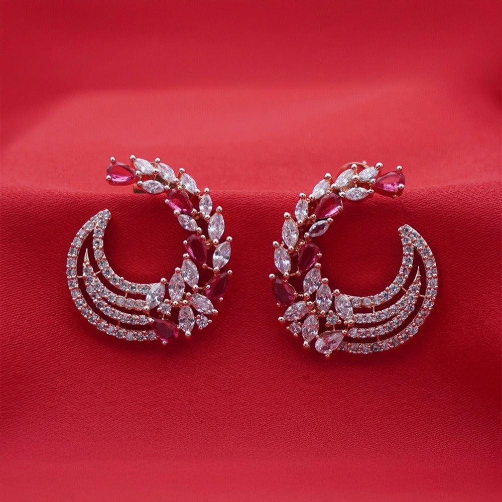 Rose Gold Crescent Hoop Earrings - Red Crystal