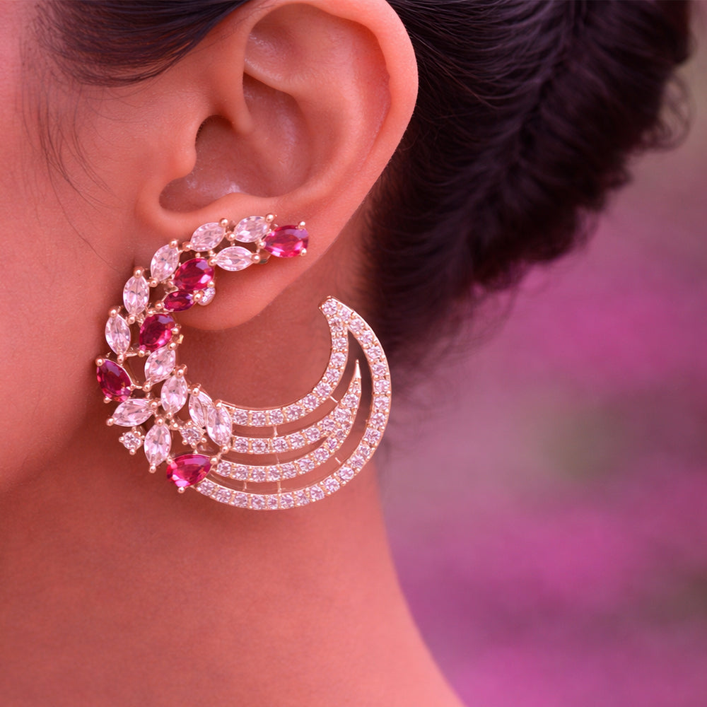 Rose Gold Crescent Hoop Earrings - Red Crystal