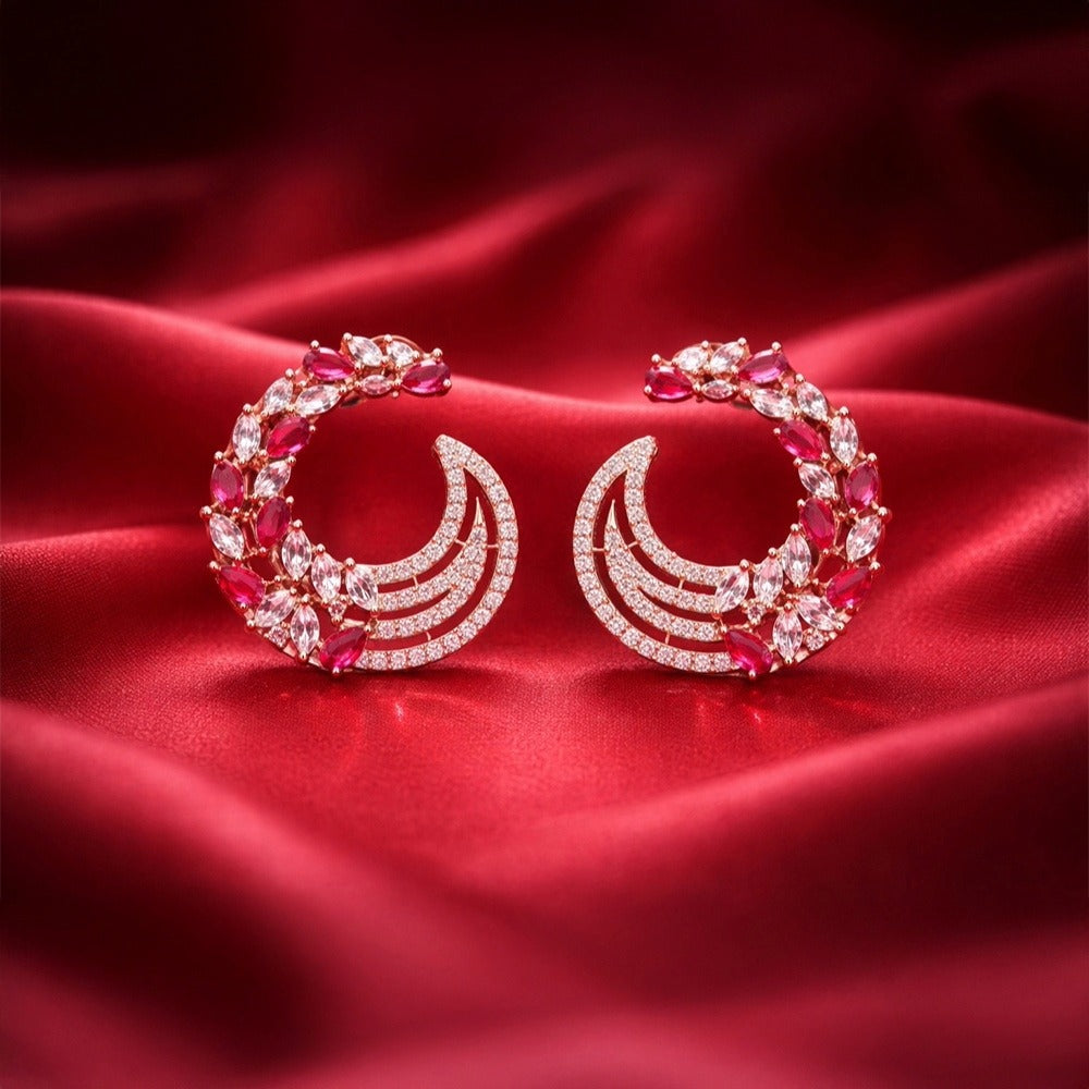 Rose Gold Crescent Hoop Earrings - Red Crystal