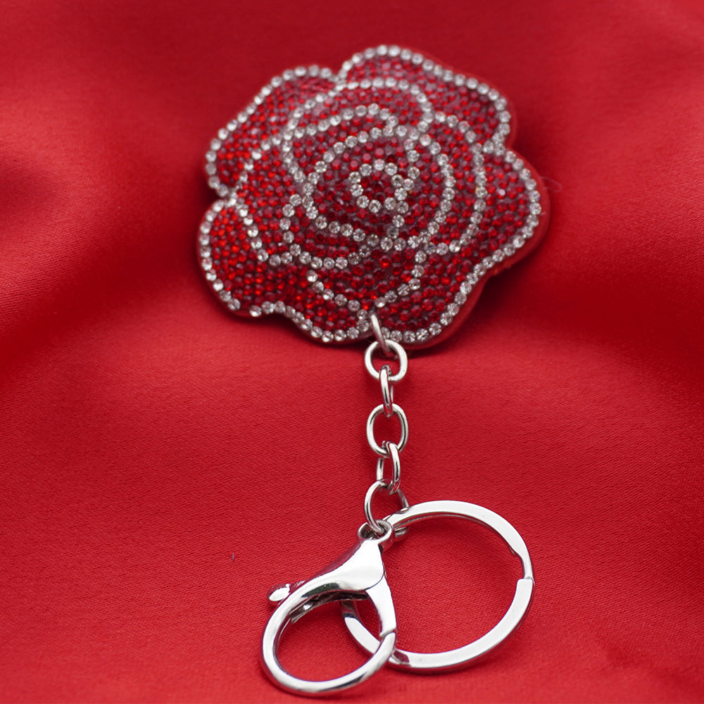 Crystal Embellished Keyring - Deep Red Rose