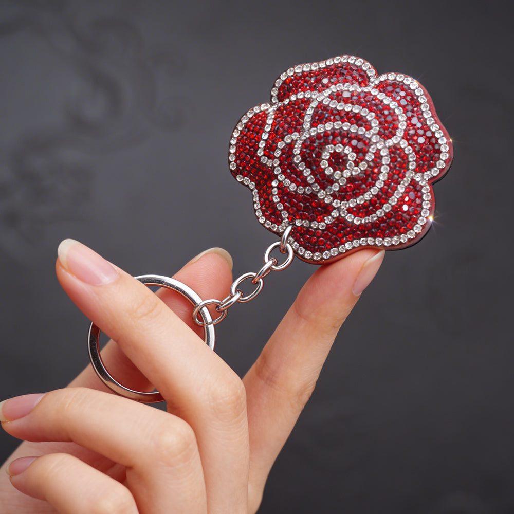 Crystal Embellished Keyring - Deep Red Rose