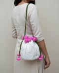 Crochet Drawstring Sling Purse – Pink Rose Edition