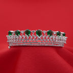 Crown-Inspired Green Teardrop Silver-Tone Diamond Layered Bracelet (Free Size)