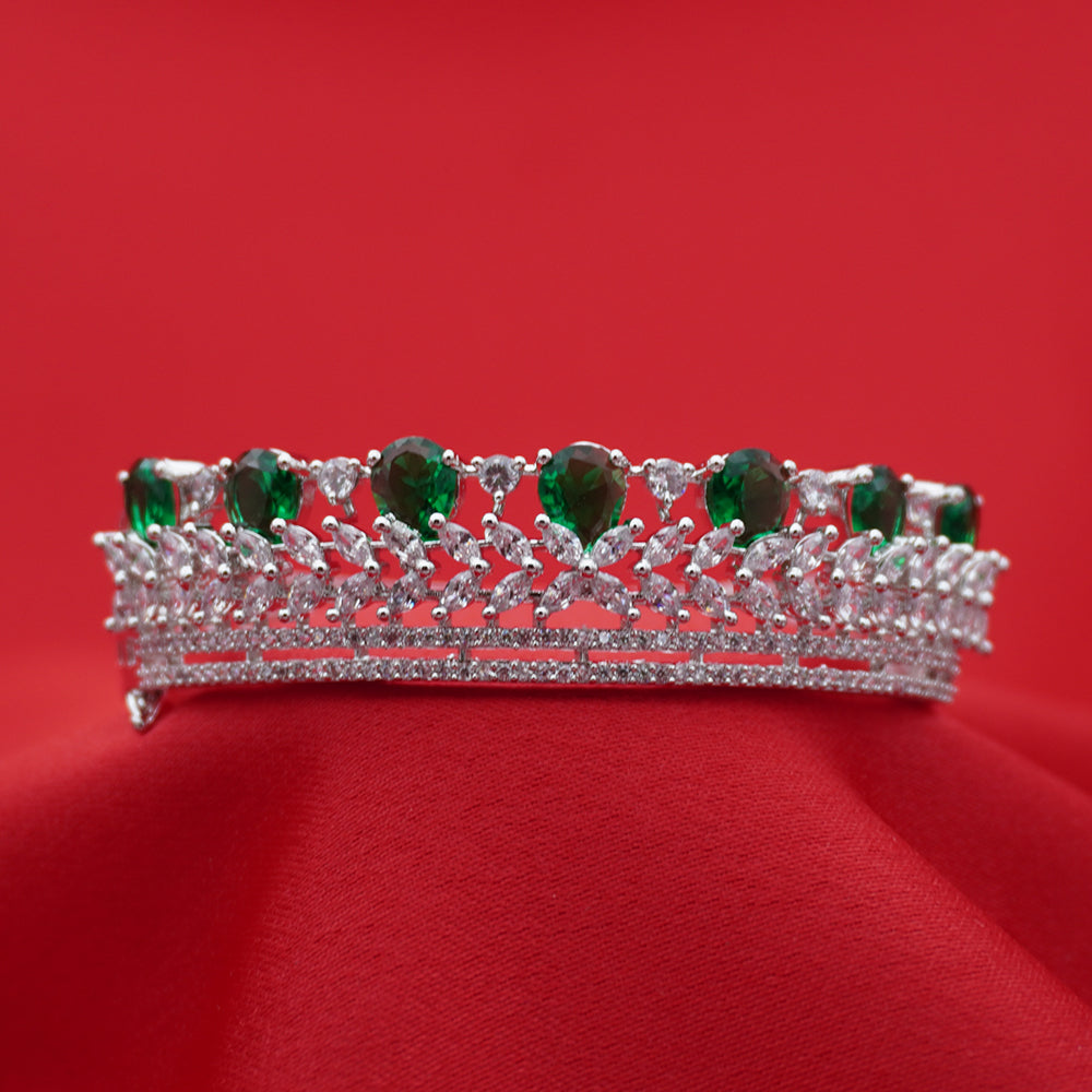 Crown-Inspired Green Teardrop Silver-Tone Diamond Layered Bracelet (Free Size)