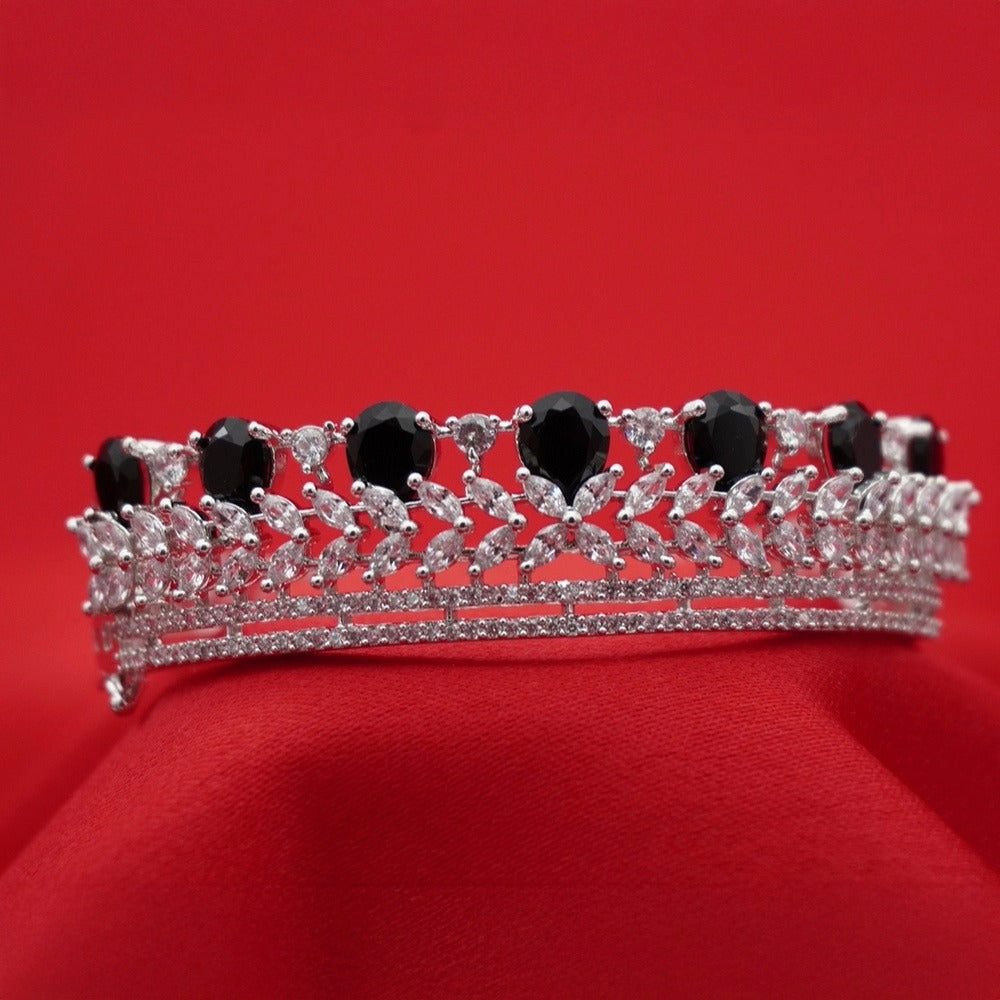 Crown-Inspired Black Teardrop Silver-Tone Diamond Layered Bracelet (Free Size)
