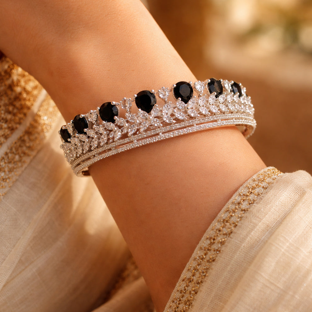 Crown-Inspired Black Teardrop Silver-Tone Diamond Layered Bracelet (Free Size)