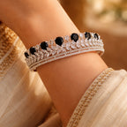 Crown-Inspired Black Teardrop Silver-Tone Diamond Layered Bracelet (Free Size)