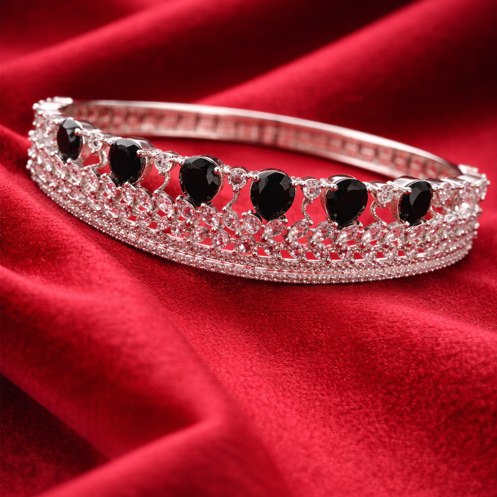 Crown-Inspired Black Teardrop Silver-Tone Diamond Layered Bracelet (Free Size)