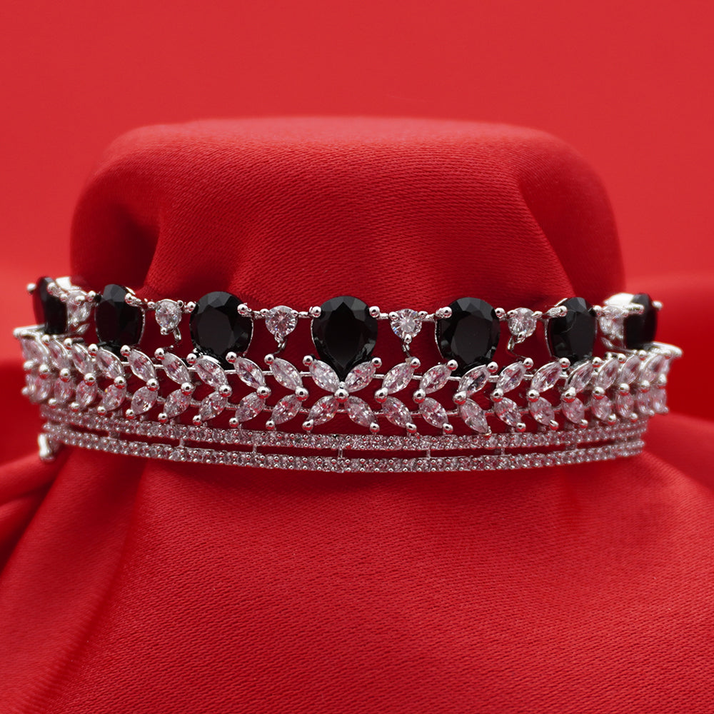 Crown-Inspired Black Teardrop Silver-Tone Diamond Layered Bracelet (Free Size)