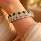 Crown-Inspired Green Teardrop Silver-Tone Diamond Layered Bracelet (Free Size)