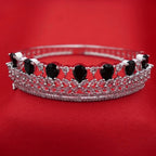 Crown-Inspired Black Teardrop Silver-Tone Diamond Layered Bracelet (Free Size)