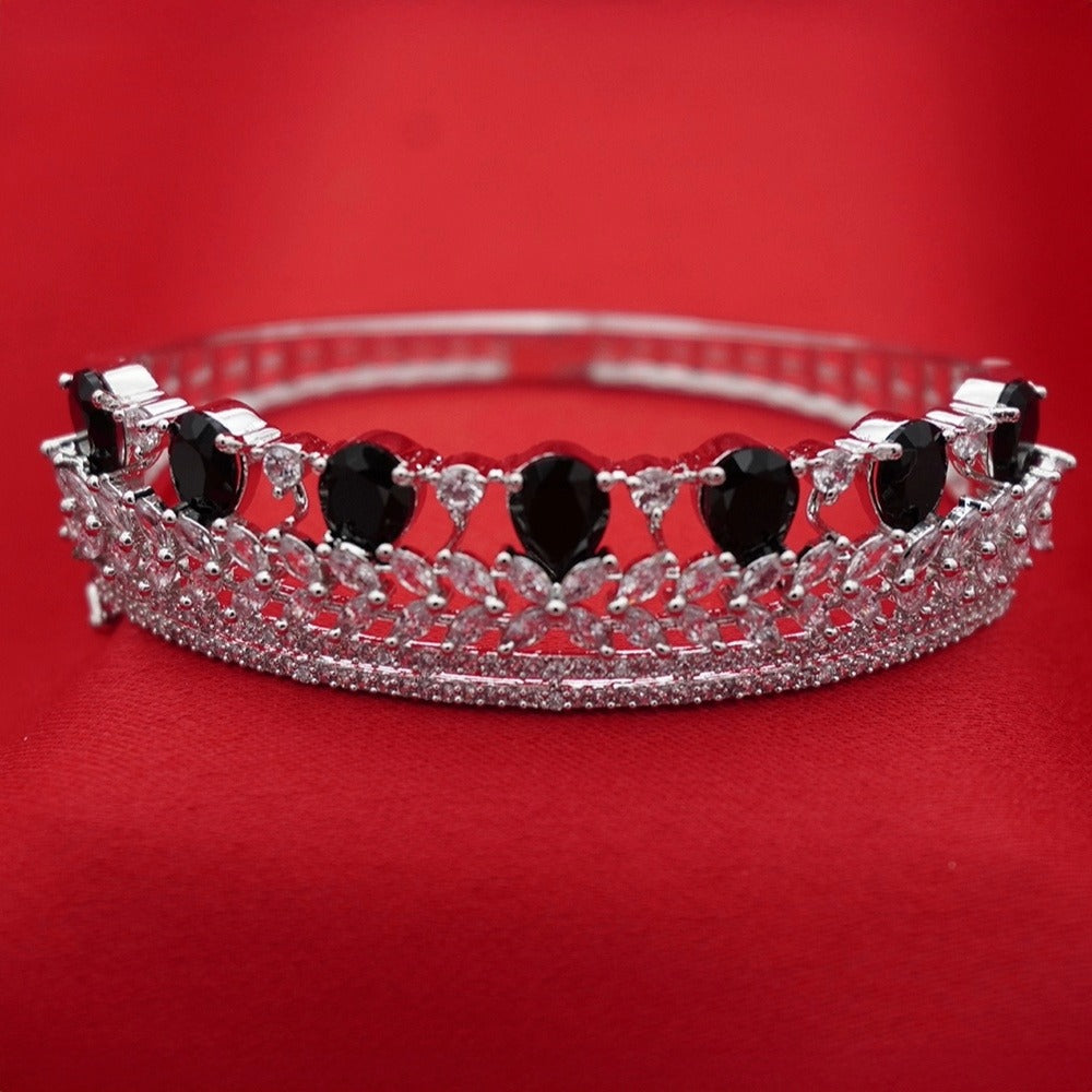 Crown-Inspired Black Teardrop Silver-Tone Diamond Layered Bracelet (Free Size)