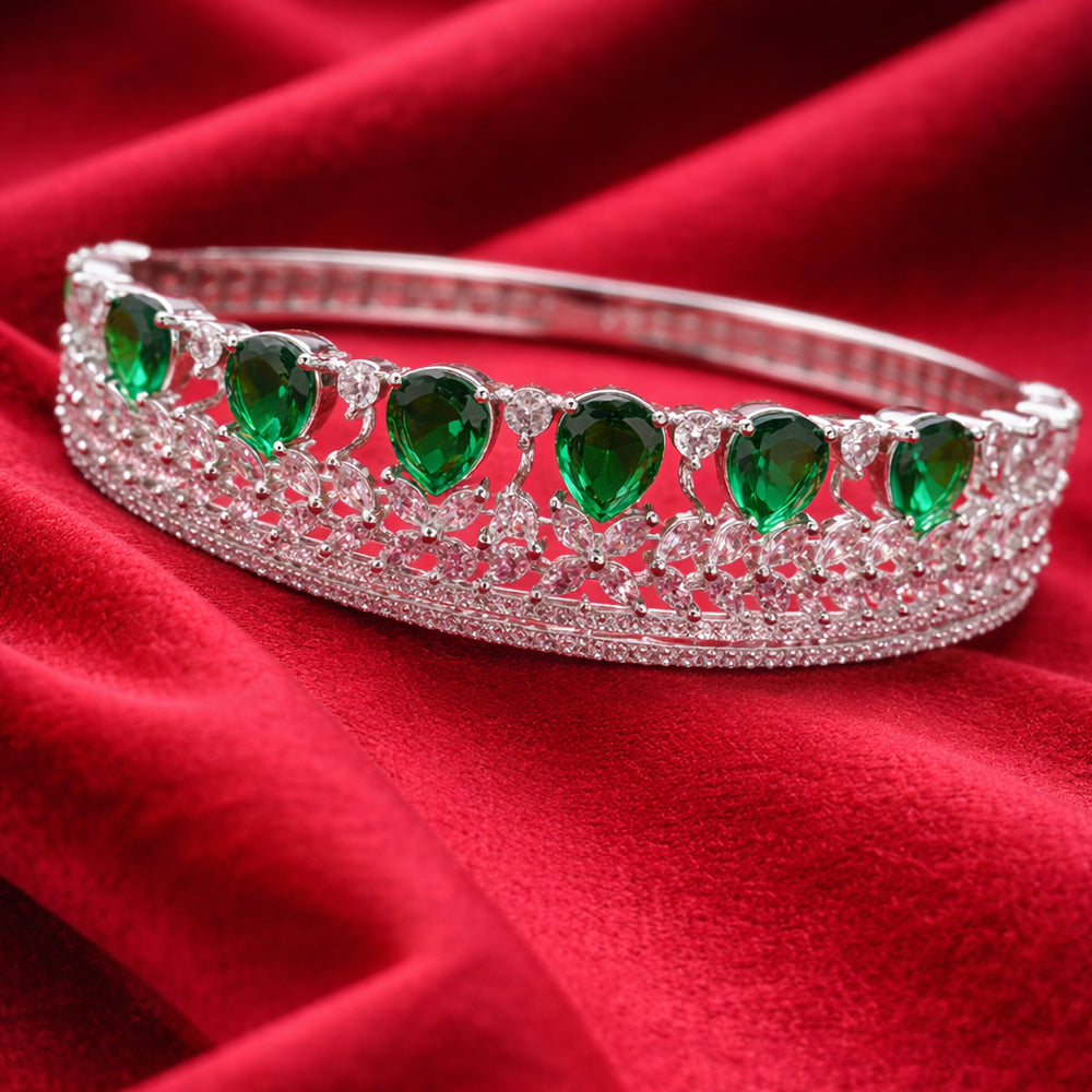 Crown-Inspired Green Teardrop Silver-Tone Diamond Layered Bracelet (Free Size)