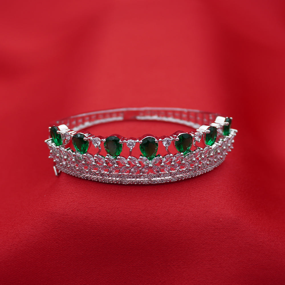 Crown-Inspired Green Teardrop Silver-Tone Diamond Layered Bracelet (Free Size)