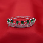 Crown-Inspired Green Teardrop Silver-Tone Diamond Layered Bracelet (Free Size)