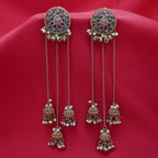Antique Gold Mirror Blue Stud Chain Jhumka Earrings – Mini Jhumkas with Pearl Drops