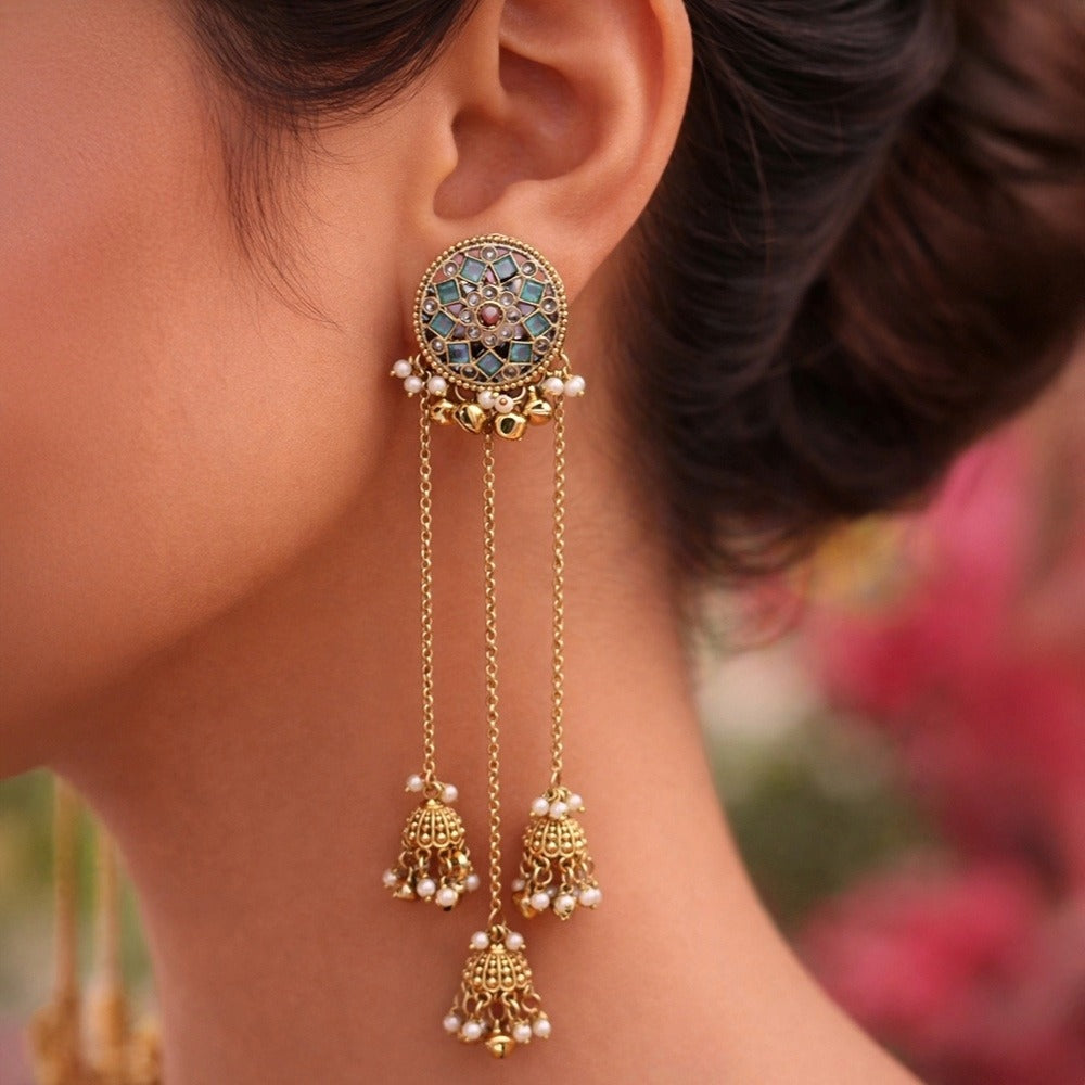 Antique Gold Mirror Blue Stud Chain Jhumka Earrings – Mini Jhumkas with Pearl Drops