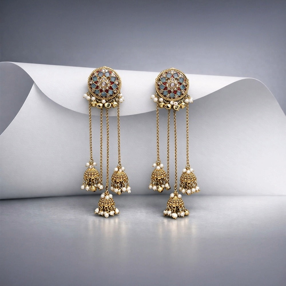 Antique Gold Mirror Blue Stud Chain Jhumka Earrings – Mini Jhumkas with Pearl Drops
