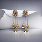 Antique Gold Mirror Blue Stud Chain Jhumka Earrings – Mini Jhumkas with Pearl Drops