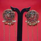 Antique Gold Mirror Blue Stud Chain Jhumka Earrings – Mini Jhumkas with Pearl Drops