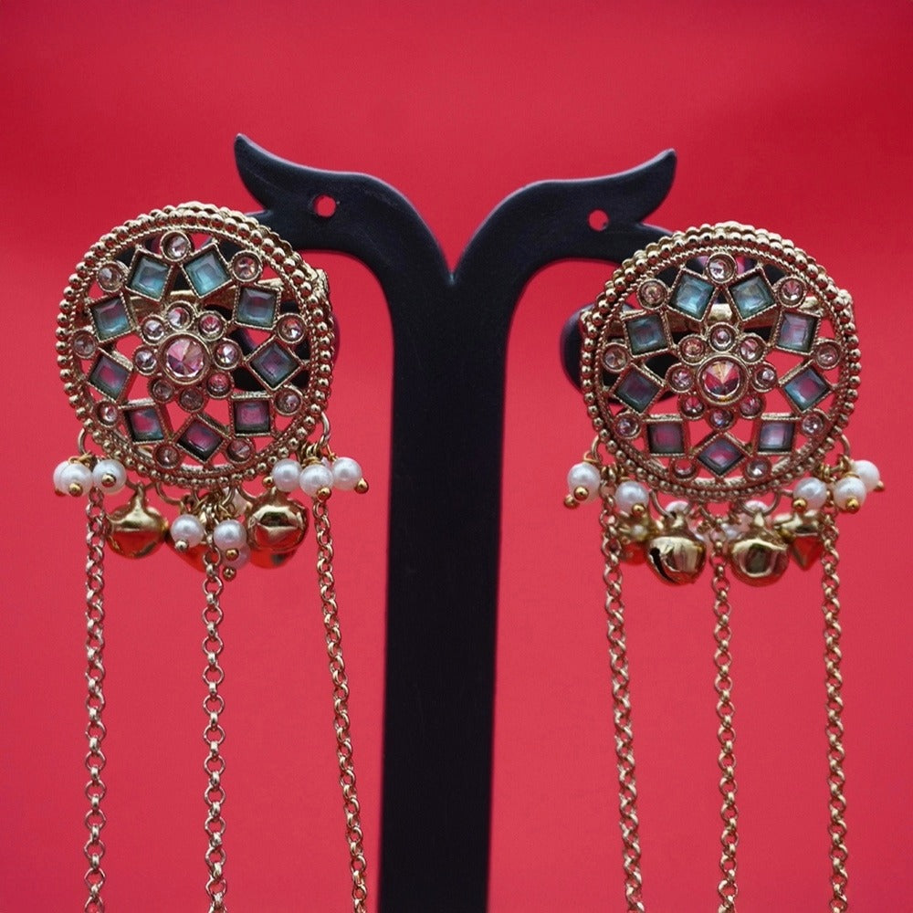 Antique Gold Mirror Blue Stud Chain Jhumka Earrings – Mini Jhumkas with Pearl Drops