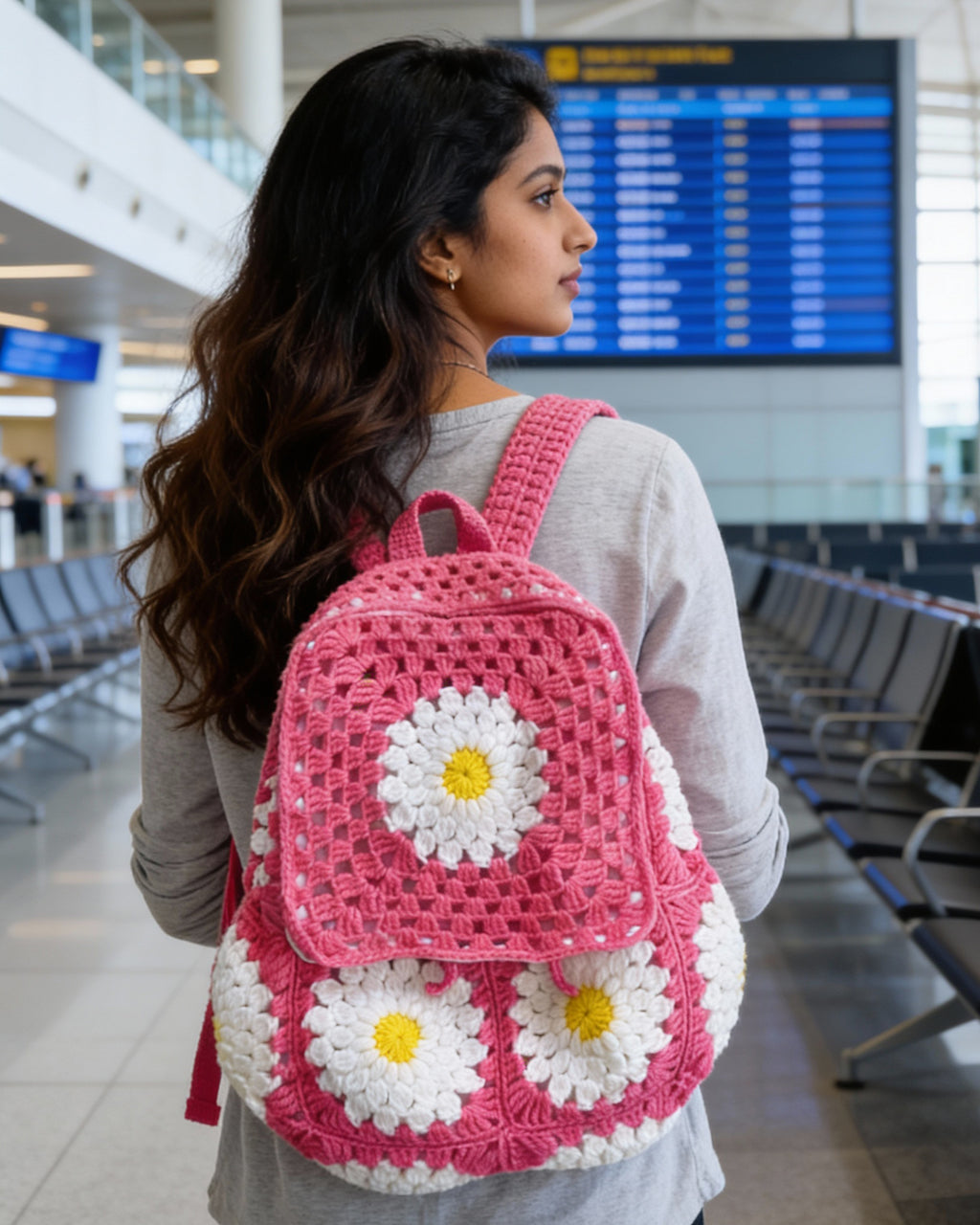 Crochet Backpack Handmade – Pink Daisy Floral Statement Bag