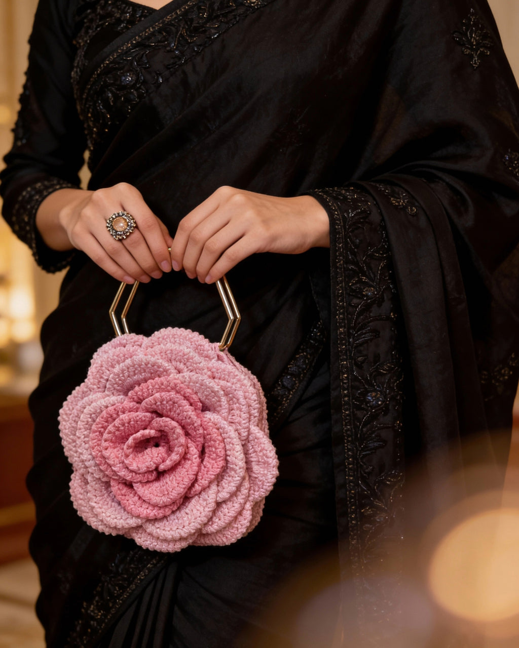 Rosalia Crochet Rose Bag – Handmade 3D Floral Clutch (Pink)