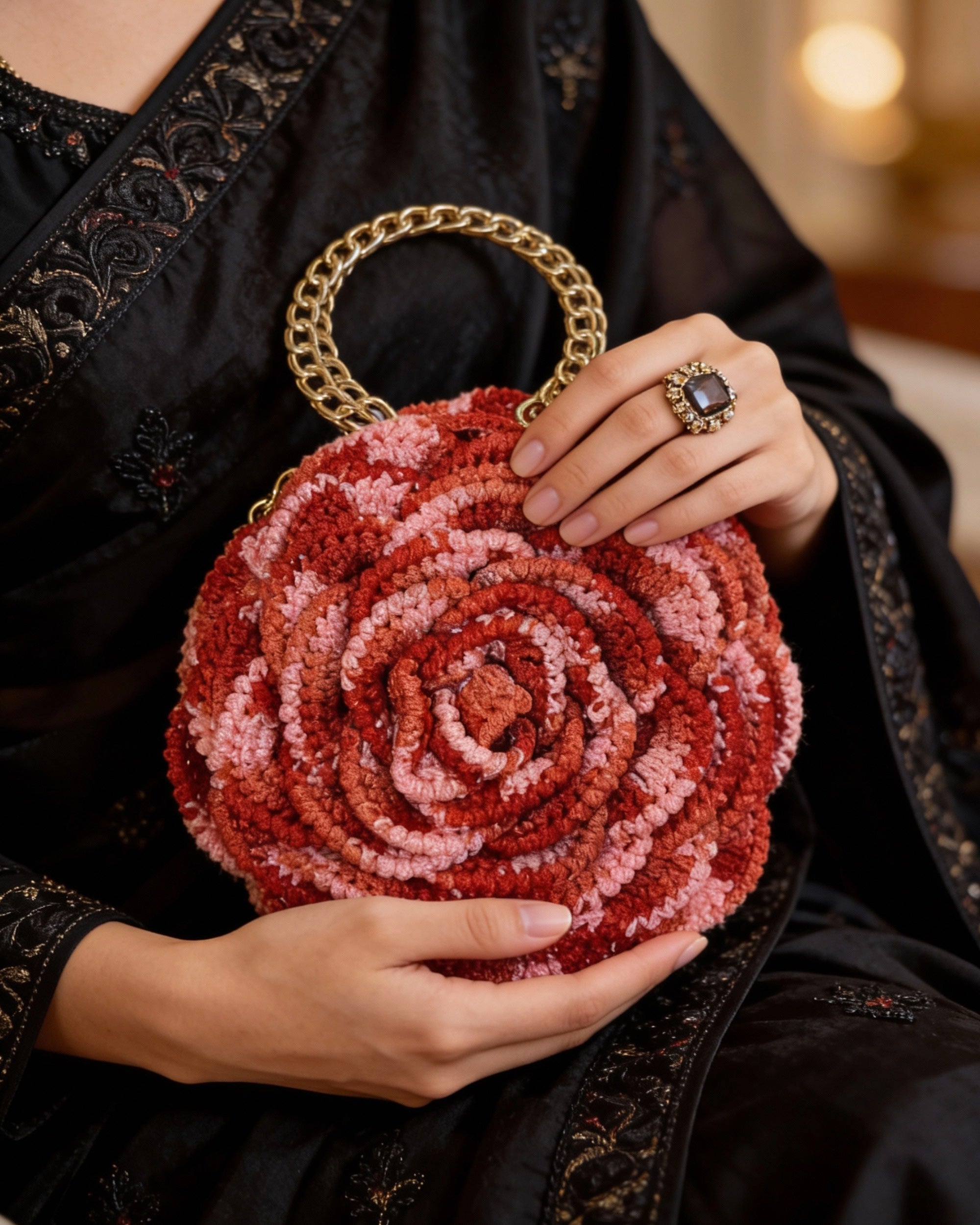 Rosalia Crochet Rose Bag – Handmade 3D Floral Clutch (Red & Pink)