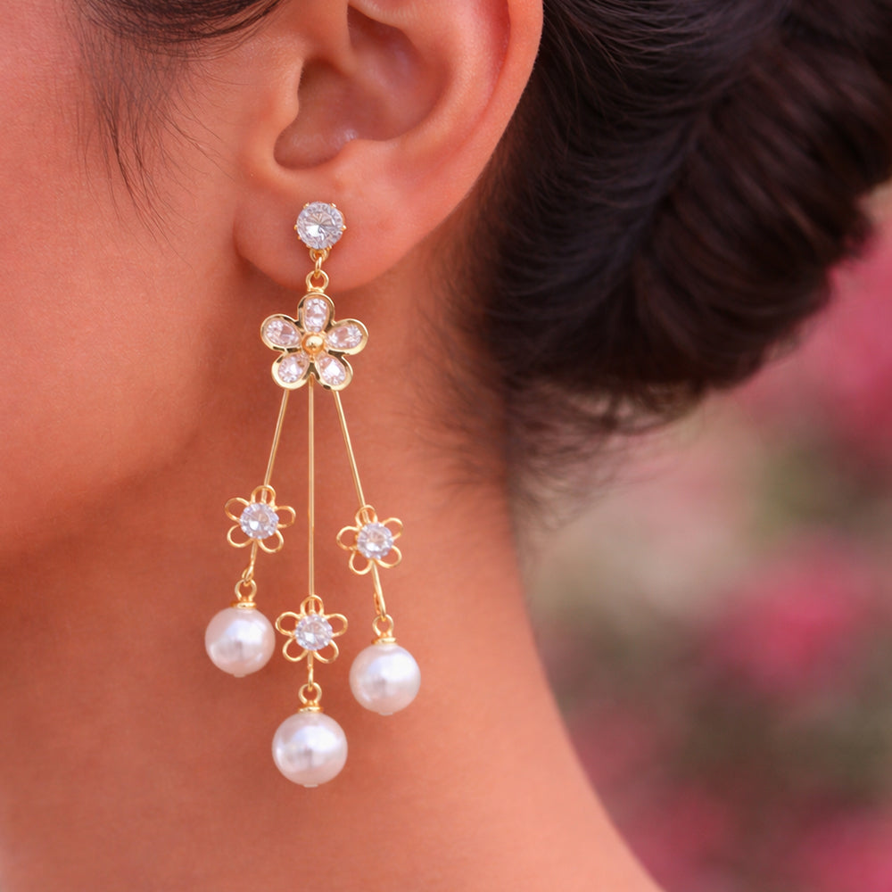 Elegant Floral Crystal Pearl Drop Earrings