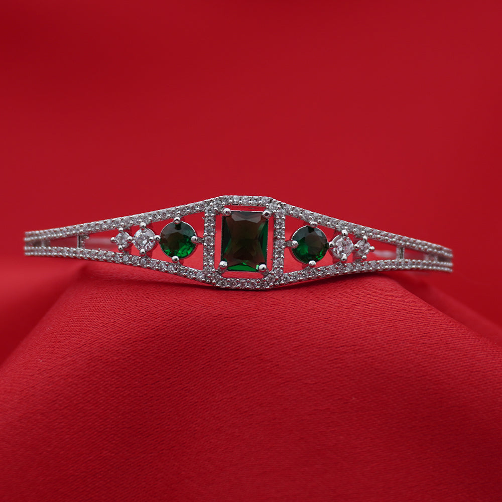Emerald Rectangular Centerpiece Silver-Tone Diamond Bangle (Free Size)