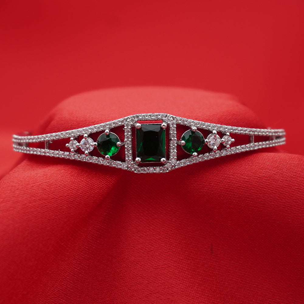 Emerald Rectangular Centerpiece Silver-Tone Diamond Bangle (Free Size)