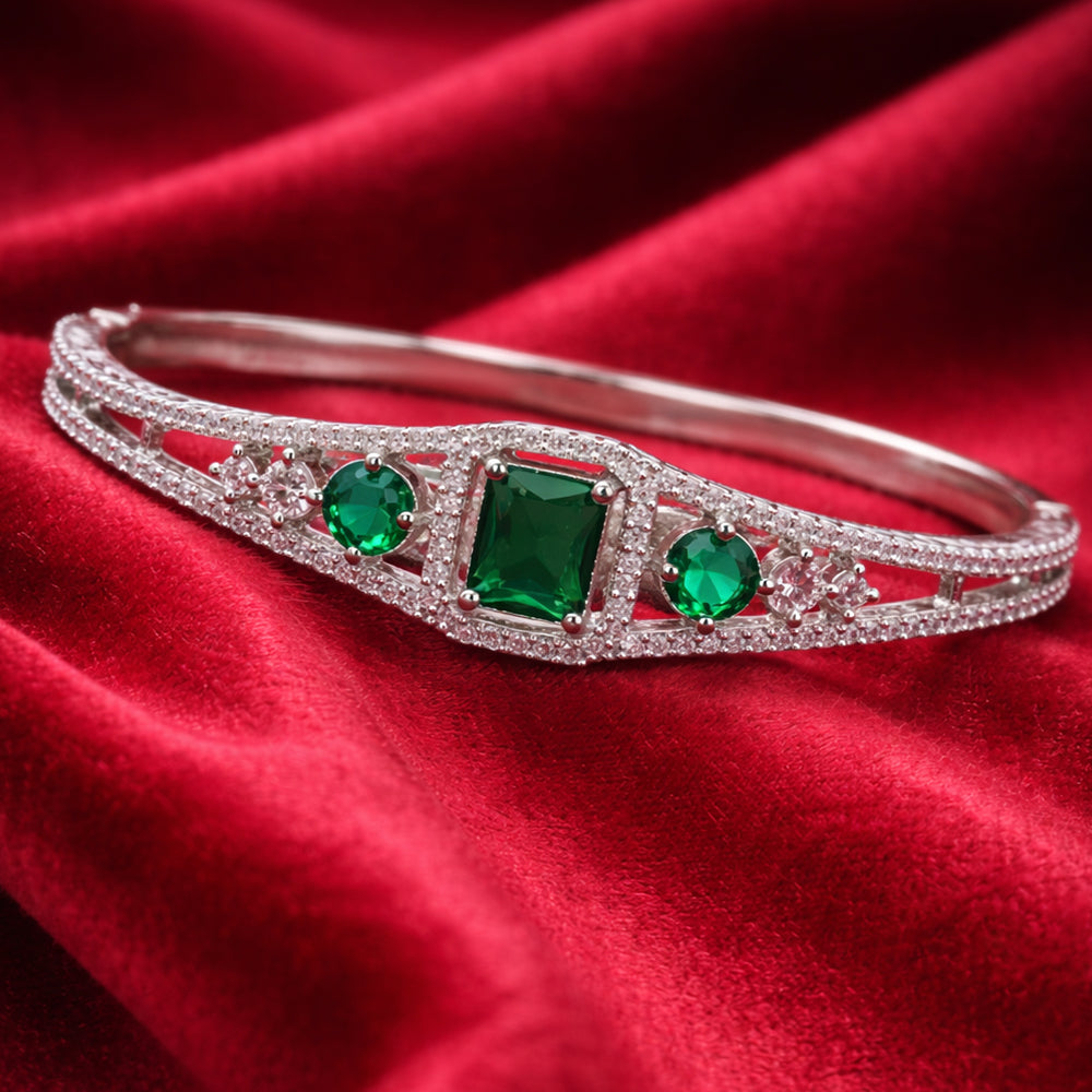 Emerald Rectangular Centerpiece Silver-Tone Diamond Bangle (Free Size)