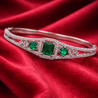 Emerald Rectangular Centerpiece Silver-Tone Diamond Bangle (Free Size)