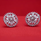 Floral Halo Stud Earrings Silver-Tone with Marquise