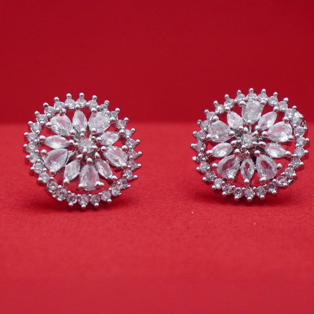 Floral Halo Stud Earrings Silver-Tone with Marquise