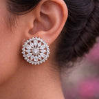 Floral Halo Stud Earrings Silver-Tone with Marquise
